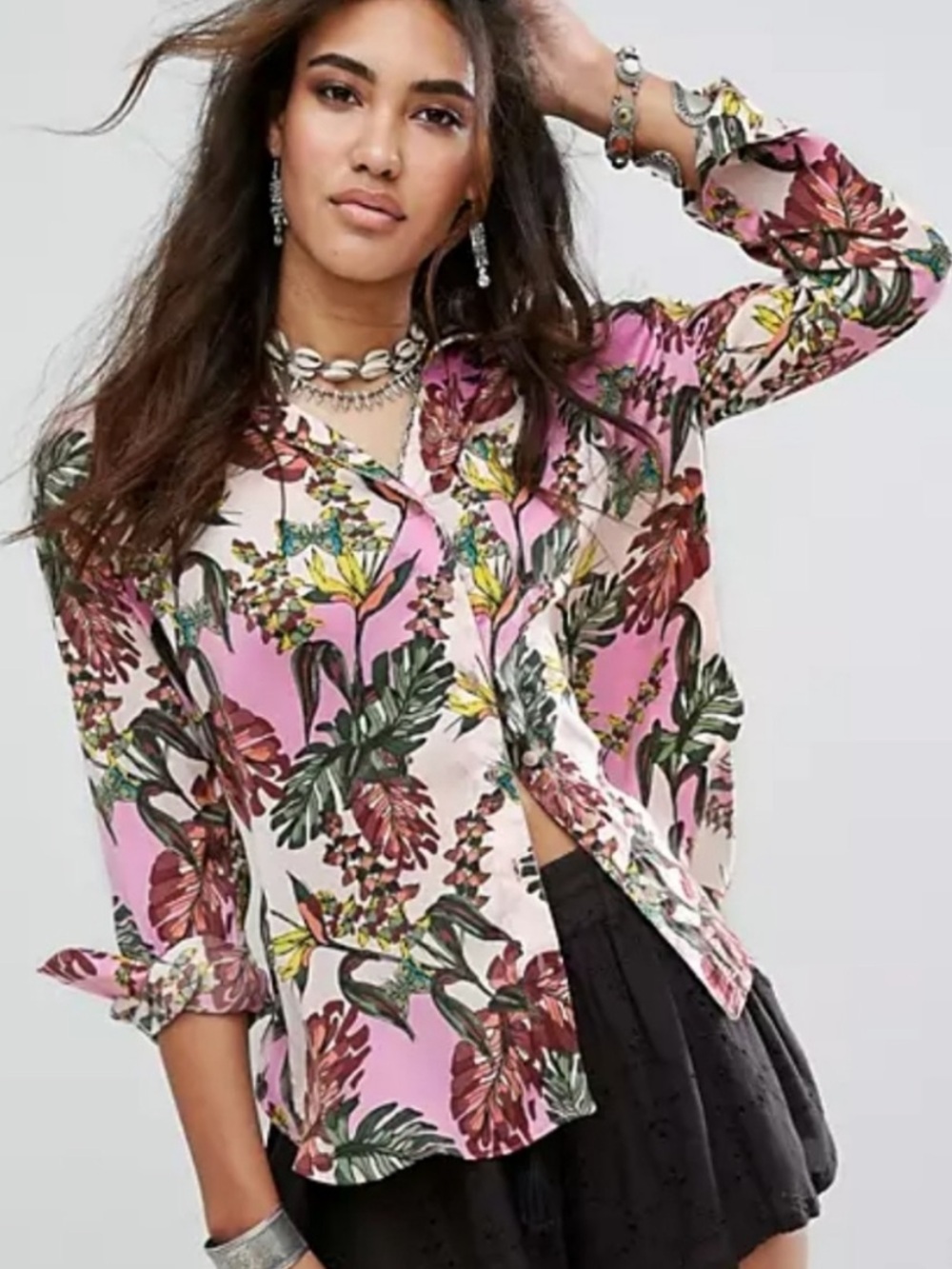 Free People Under The Palms Satin Button-Down Shirt in Tropical Florals Size S